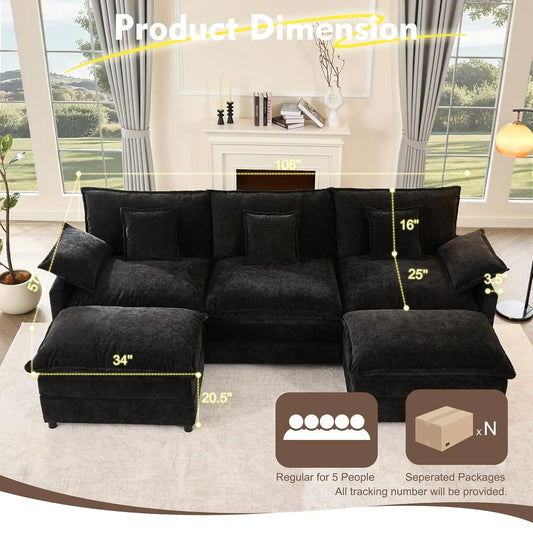108" U-Shaped Modular Cloud Couch, Deep Seat, Chenille Black | Cloud Comfort, Couches for Living Room, Removable &, Customized