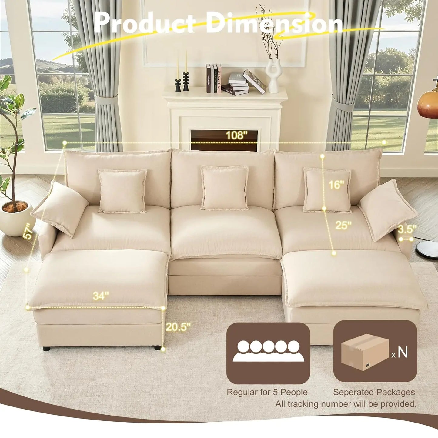 U-Shaped Modular Sectional Sofa, Deep Seat Linen, Removable & Washable Covers, Movable Ottoman, Living Room, 108", Custom