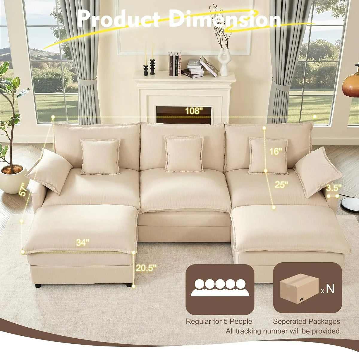 U-Shaped Modular Sectional Sofa, Deep Seat Linen, Removable & Washable Covers, Movable Ottoman, Living Room, 108", Custom