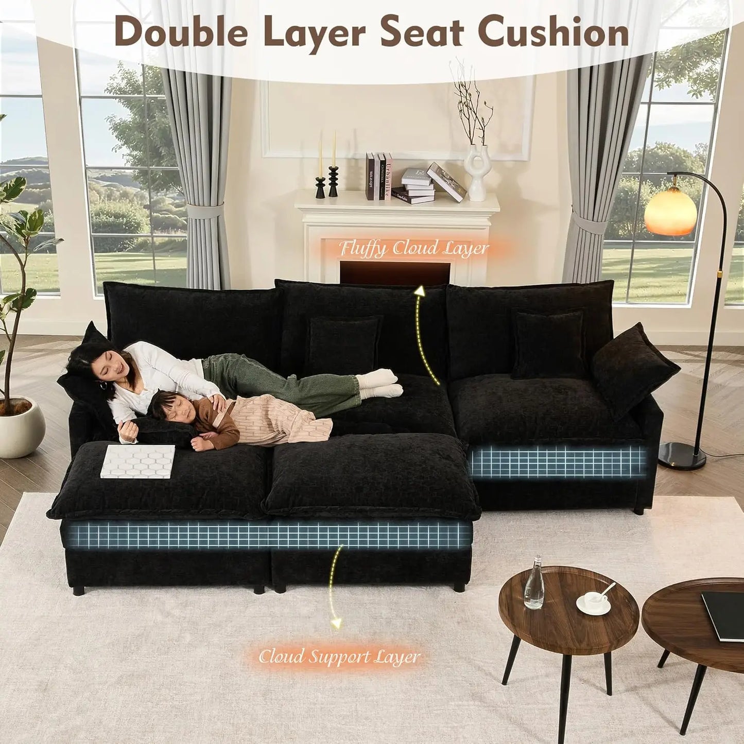 108  L Shaped Modern Sofa Modular Sectional Cloud Couch With Ottoman, 4 Seat Chenille Deep Seat Sofa With Pillow For Living Room, Bedroom And Apartment