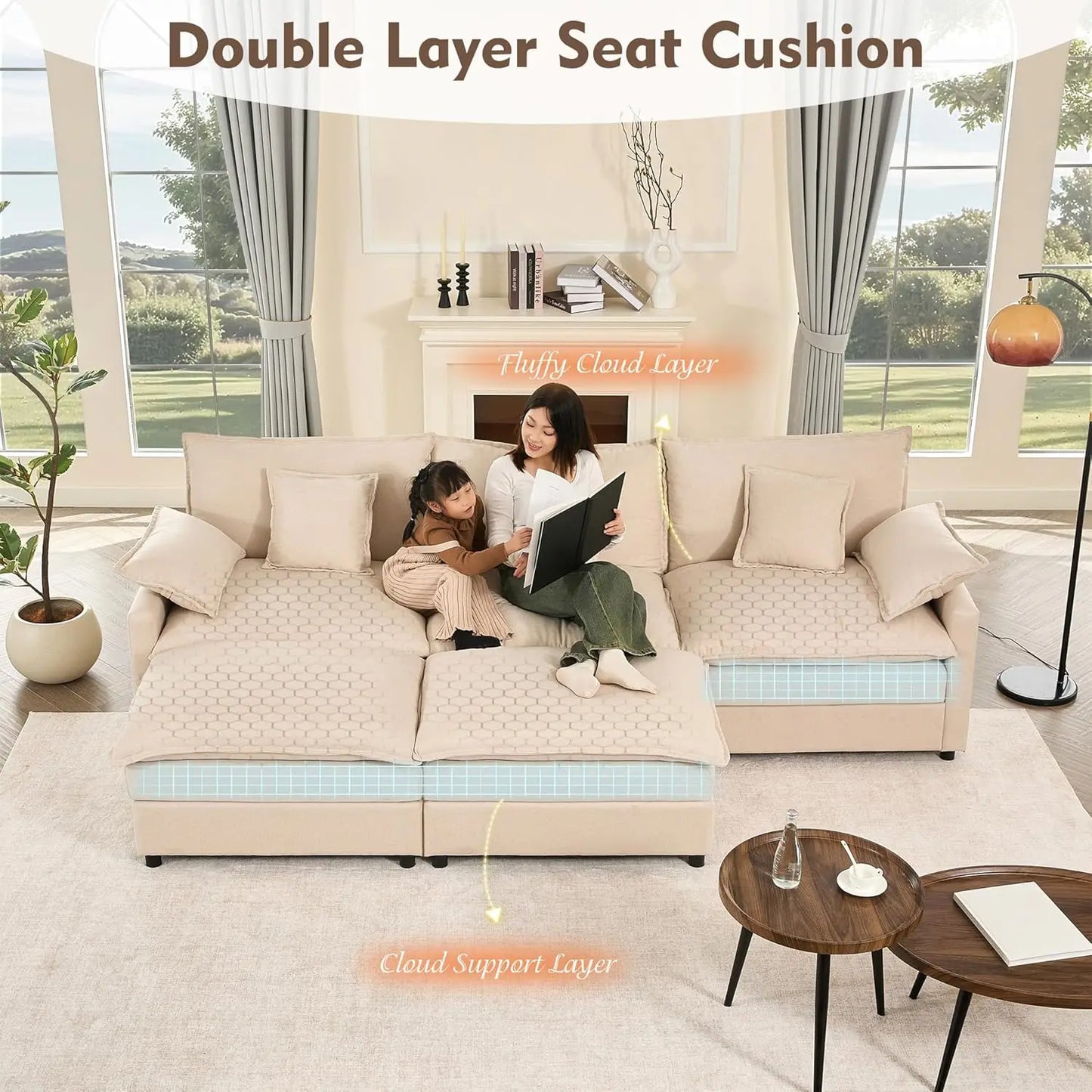 U-Shaped Modular Sectional Sofa, Deep Seat Linen, Removable & Washable Covers, Movable Ottoman, Living Room, 108", Custom