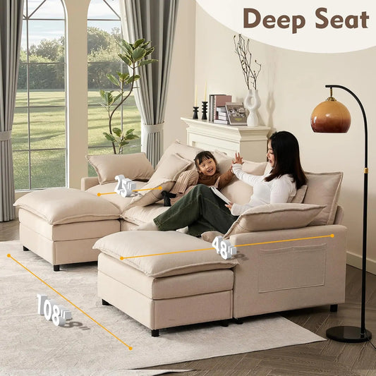 U-Shaped Modular Sectional Sofa, Deep Seat Linen, Removable & Washable Covers, Movable Ottoman, Living Room, 108", Custom