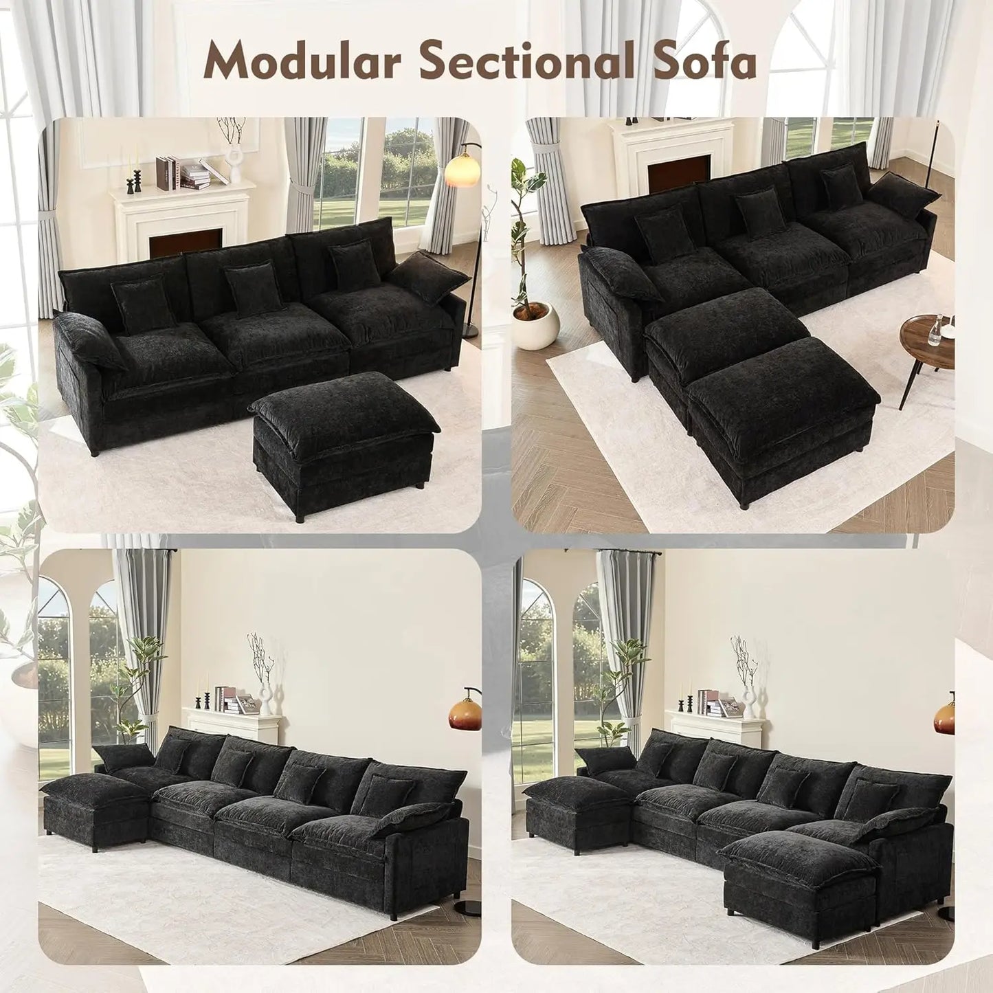108" U-Shaped Modular Cloud Couch, Deep Seat, Chenille Black | Cloud Comfort, Couches for Living Room, Removable &, Customized