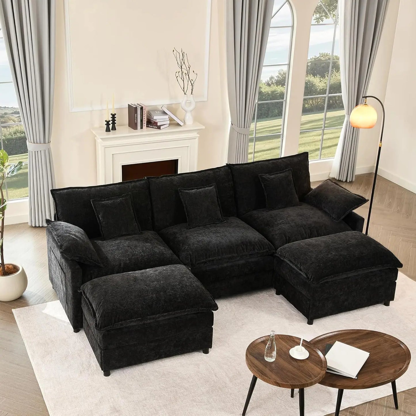 108" U-Shaped Modular Cloud Couch, Deep Seat, Chenille Black | Cloud Comfort, Couches for Living Room, Removable &, Customized