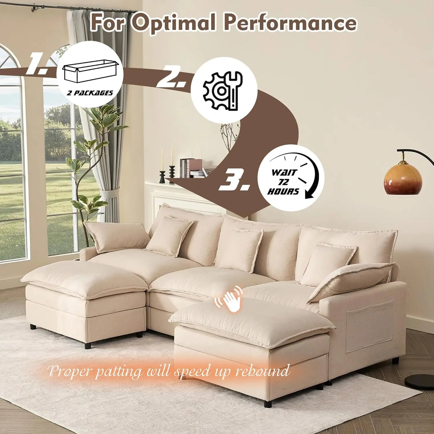 U-Shaped Modular Sectional Sofa, Deep Seat Linen, Removable & Washable Covers, Movable Ottoman, Living Room, 108", Custom