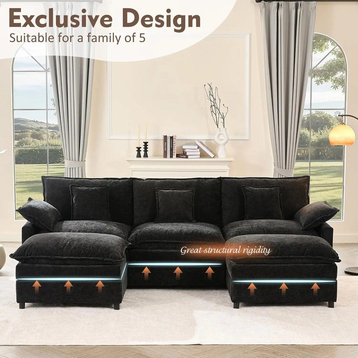 108" U-Shaped Modular Cloud Couch, Deep Seat, Chenille Black | Cloud Comfort, Couches for Living Room, Removable &, Customized