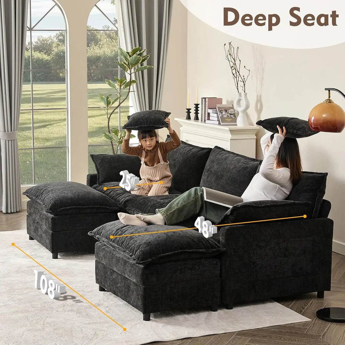 108" U-Shaped Modular Cloud Couch, Deep Seat, Chenille Black | Cloud Comfort, Couches for Living Room, Removable &, Customized