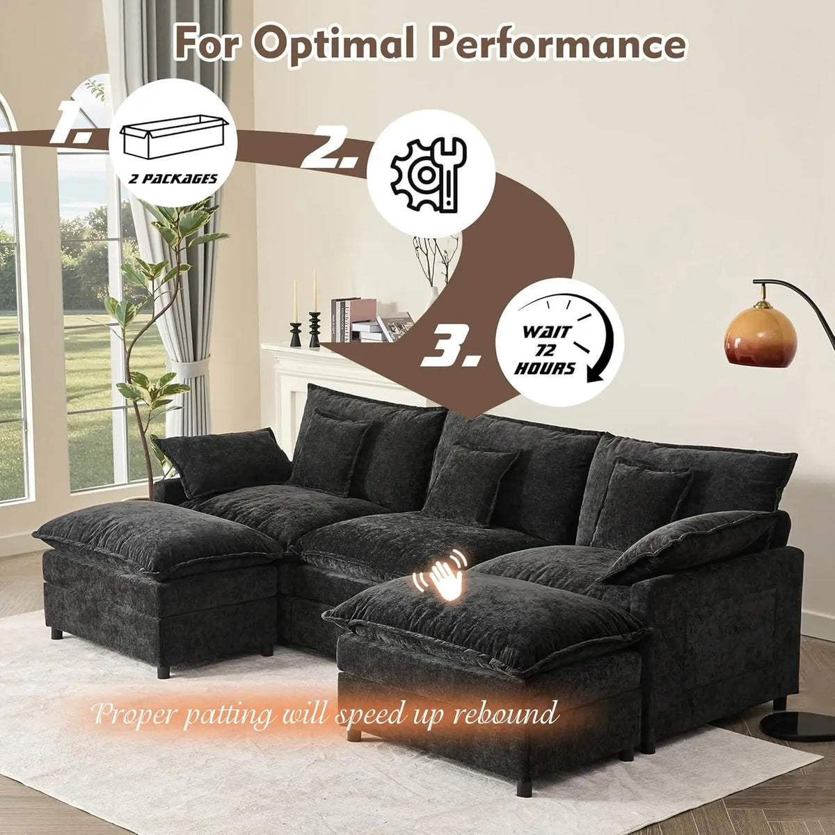 108" U-Shaped Modular Cloud Couch, Deep Seat, Chenille Black | Cloud Comfort, Couches for Living Room, Removable &, Customized
