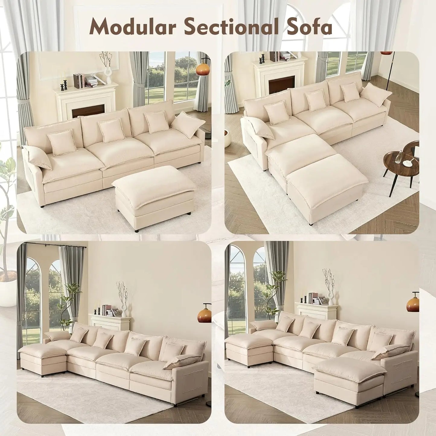 U-Shaped Modular Sectional Sofa, Deep Seat Linen, Removable & Washable Covers, Movable Ottoman, Living Room, 108", Custom