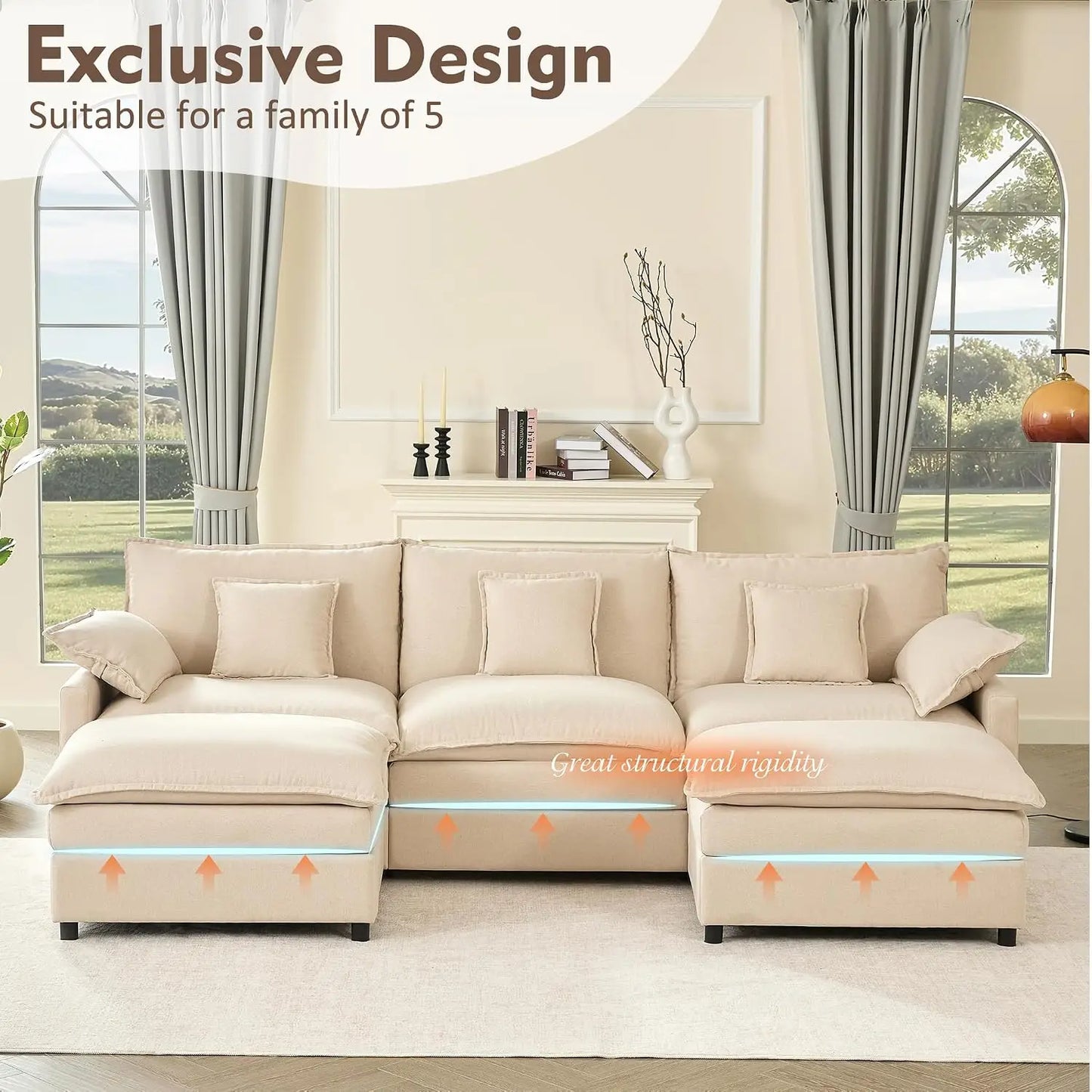 U-Shaped Modular Sectional Sofa, Deep Seat Linen, Removable & Washable Covers, Movable Ottoman, Living Room, 108", Custom
