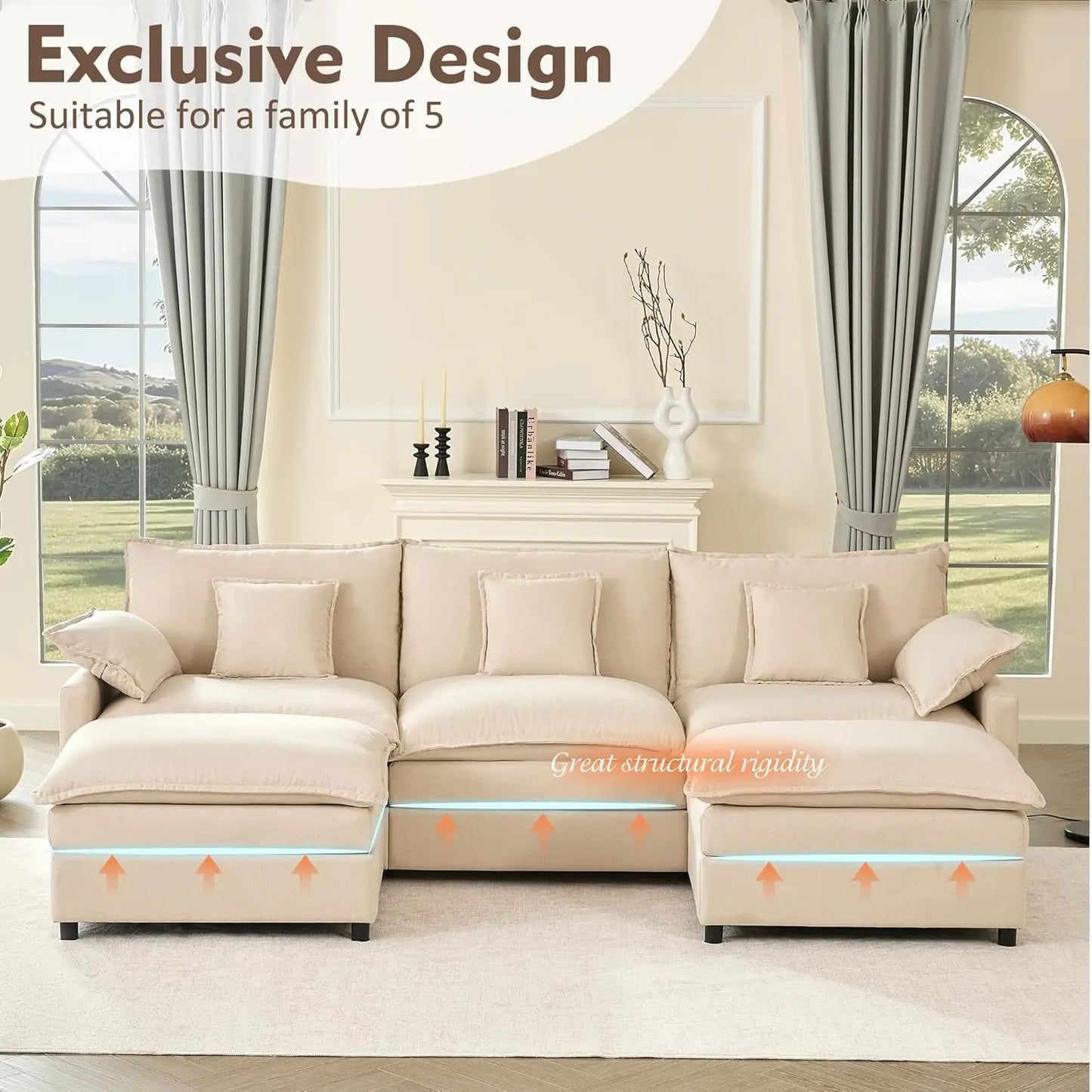 U-Shaped Modular Sectional Sofa, Deep Seat Linen, Removable & Washable Covers, Movable Ottoman, Living Room, 108", Custom
