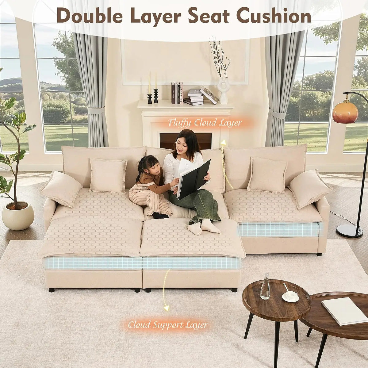 U-Shaped Modular Sectional Sofa, Deep Seat Linen, Removable & Washable Covers, Movable Ottoman, Living Room, 108", Custom